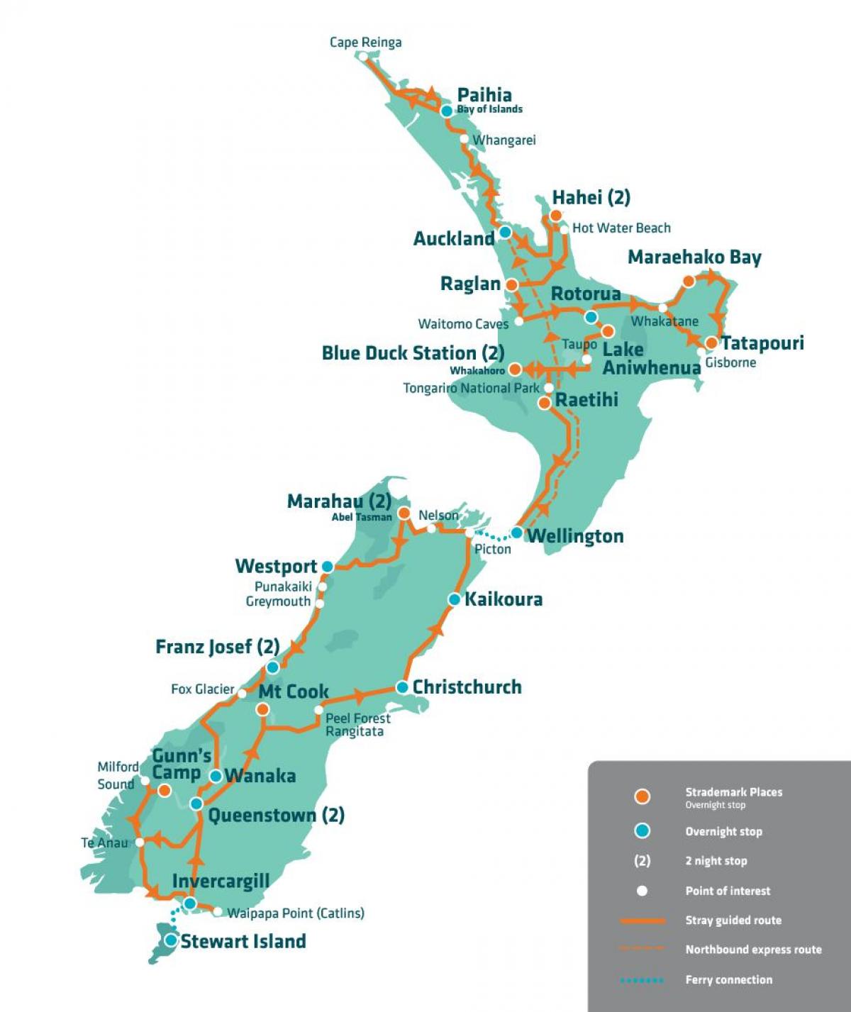 ახალი ზელანდია ტურისტული ატრაქციონები რუკა