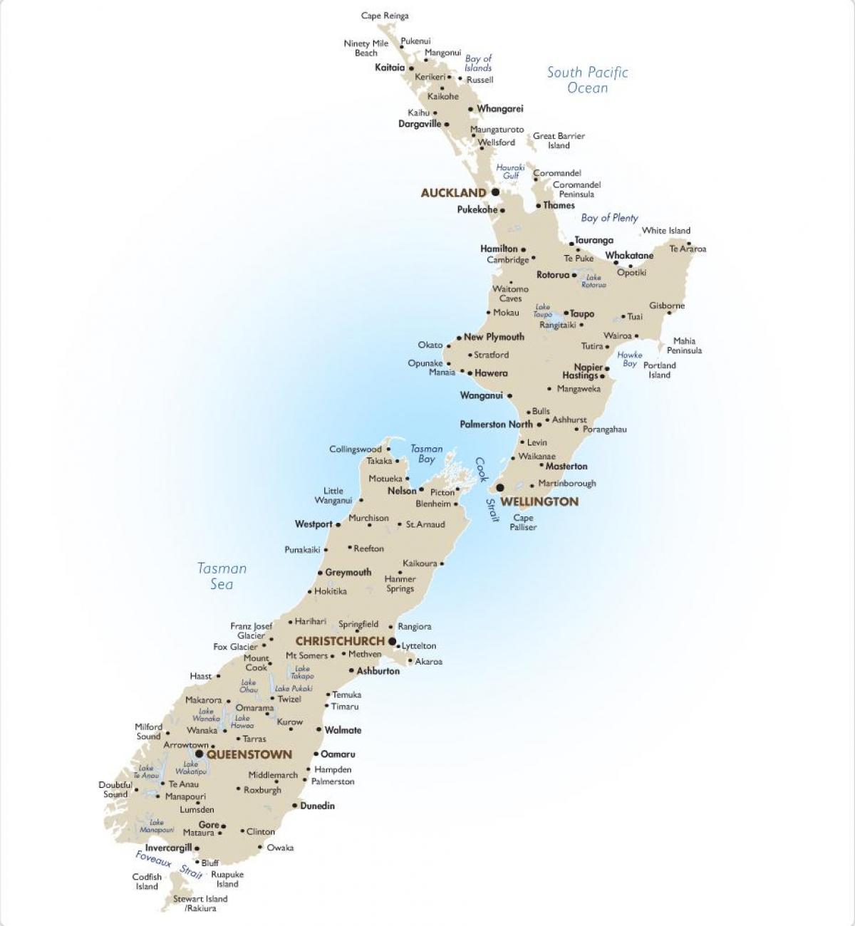 რუკა ახალი ზელანდია ერთად დიდ ქალაქებში