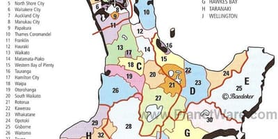 რუკა ახალი ზელანდიის ჩრდილოეთ კუნძულზე რეგიონებში და რაიონებში